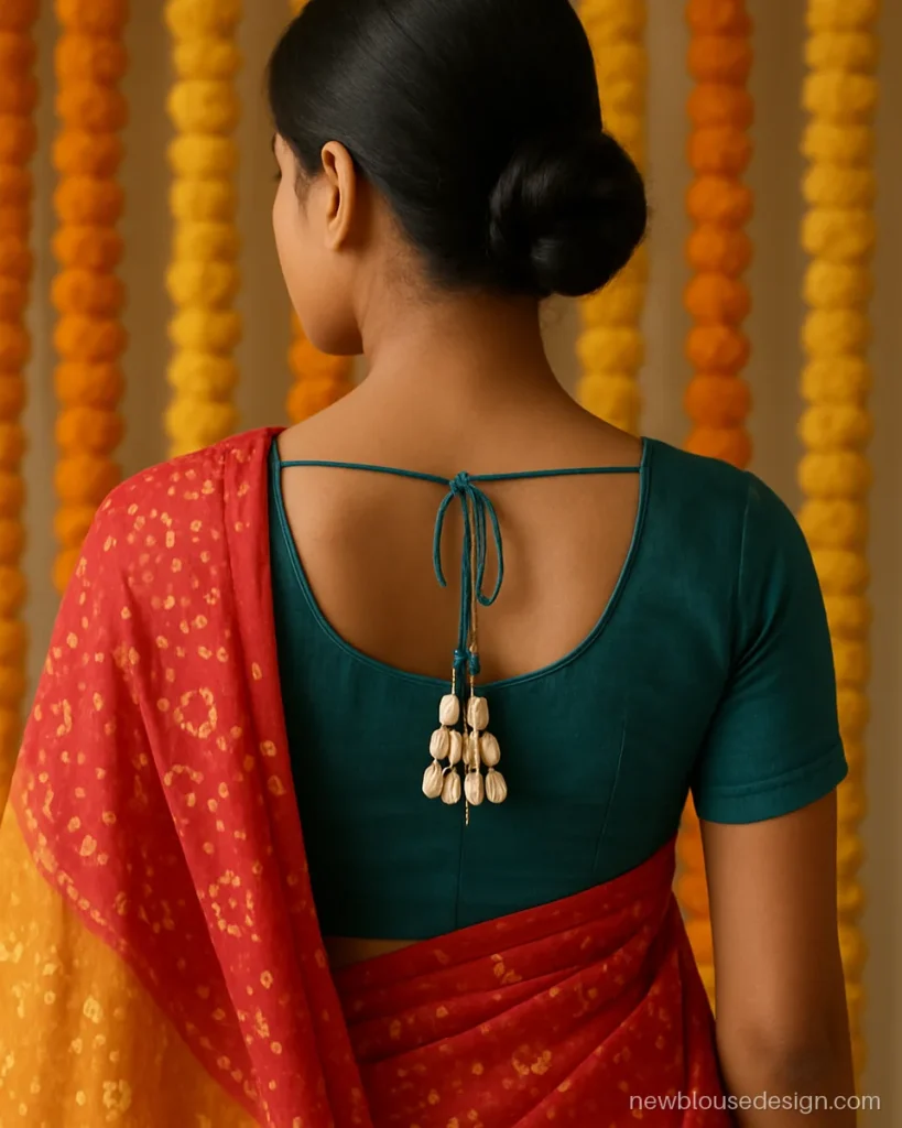 Teal blouse back with a dori ending in cowrie shell latkans