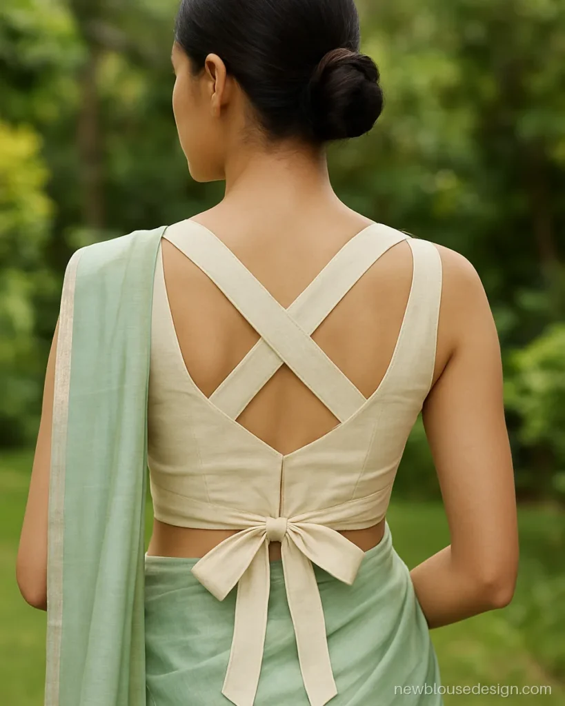 Ivory blouse with a wide tie-up back that ties into a bow at the waist