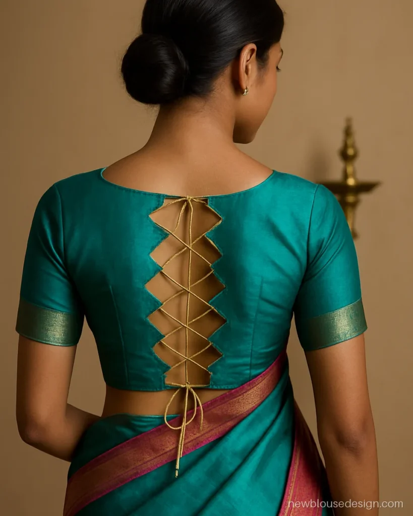 Back dori blouse design in turquoise silk with zig zag lacing over an open back