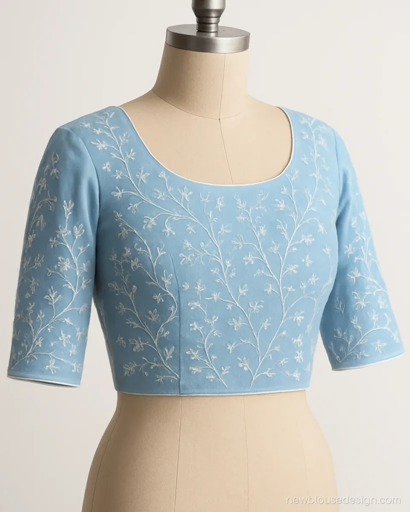 Chikankari saree blouse design in powder blue georgette with elbow sleeves