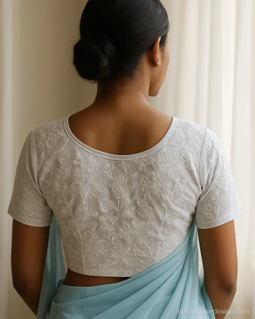 White chikankari blouse design back in fine cotton with shadow work flowers