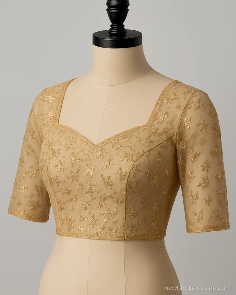 Computer design blouse in champagne net with all over machine embroidery and sequins