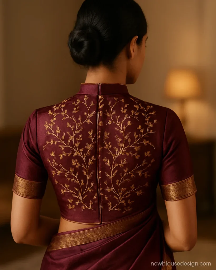 High neck embroidered blouse design back in wine silk with computer work