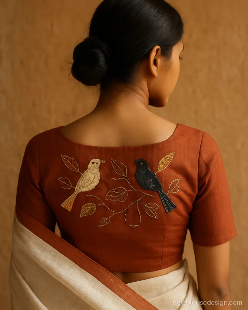 Kantha stitch blouse design in rust tussar with running stitch birds on the back