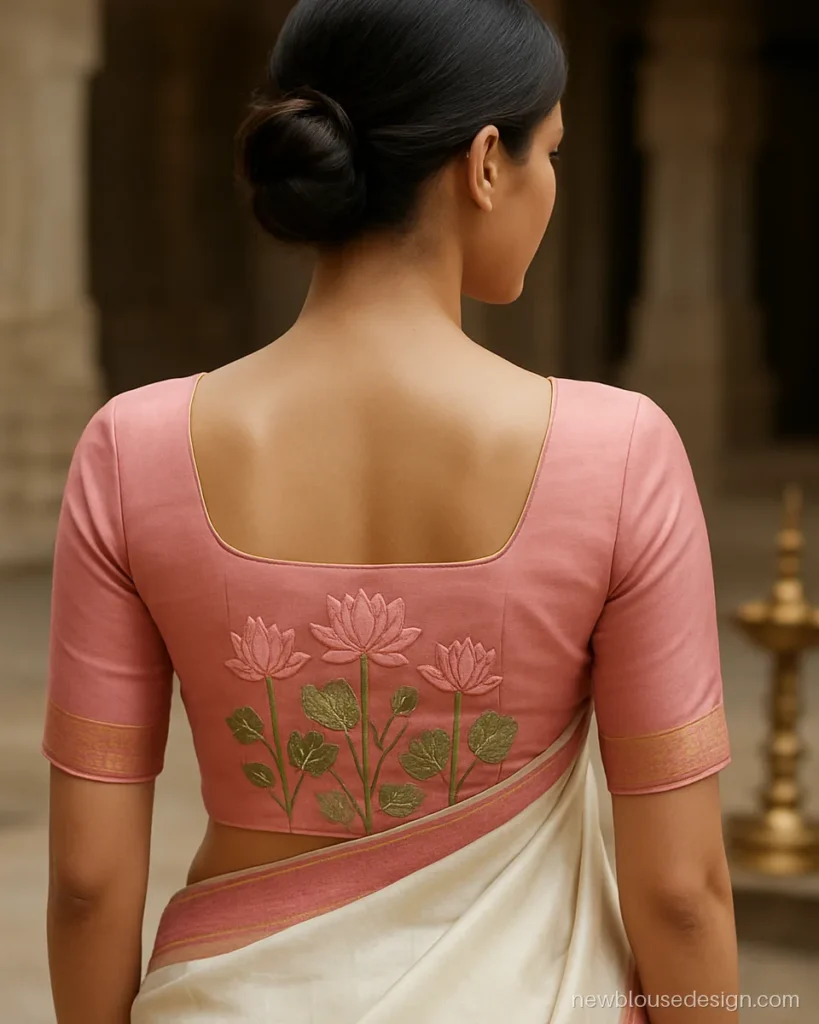 Lotus back blouse design with lotus flowers and leaves rising from the hem