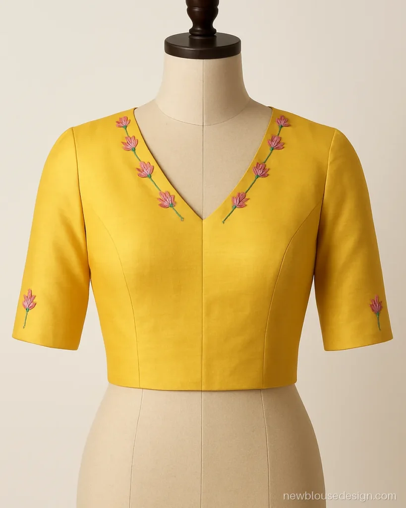 Lotus design blouse front in yellow with lotus motifs along a V neck