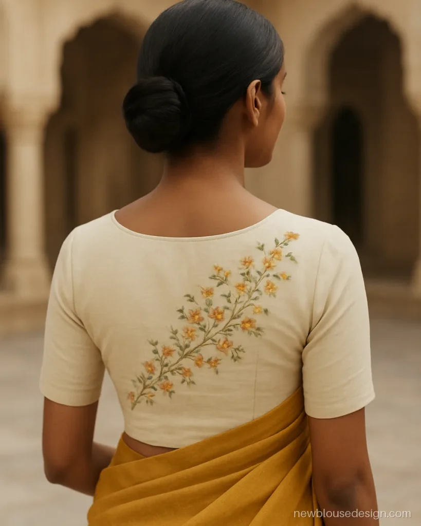 One side flower blouse design with a flower spray from the left shoulder down the back