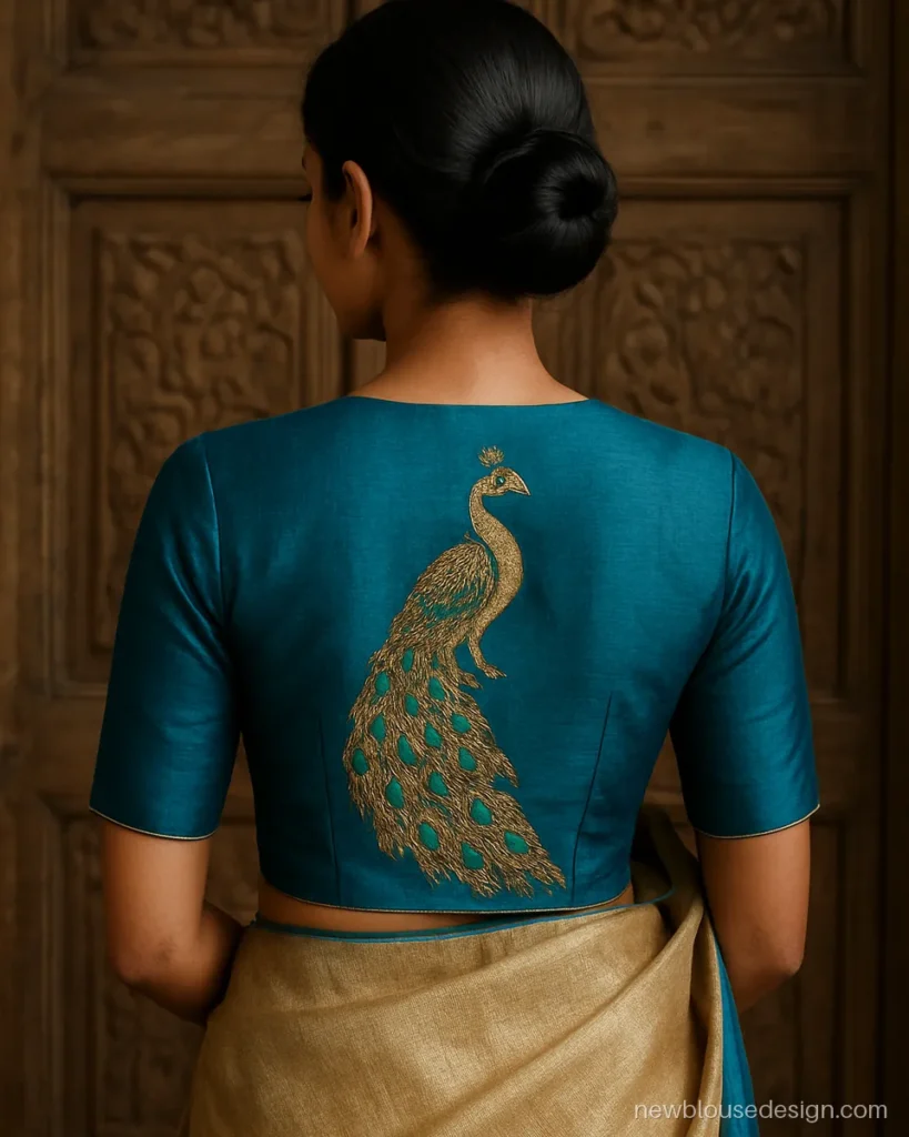 Peacock colour blouse design back with an embroidered peacock and long tail