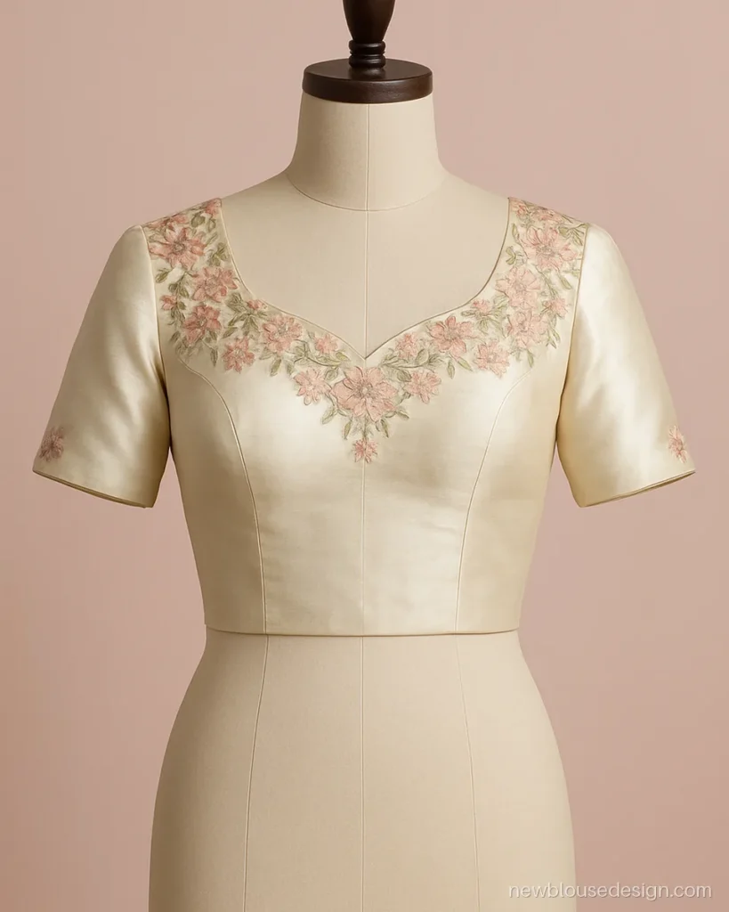 Ivory silk blouse front with a resham thread floral yoke around a sweetheart neck