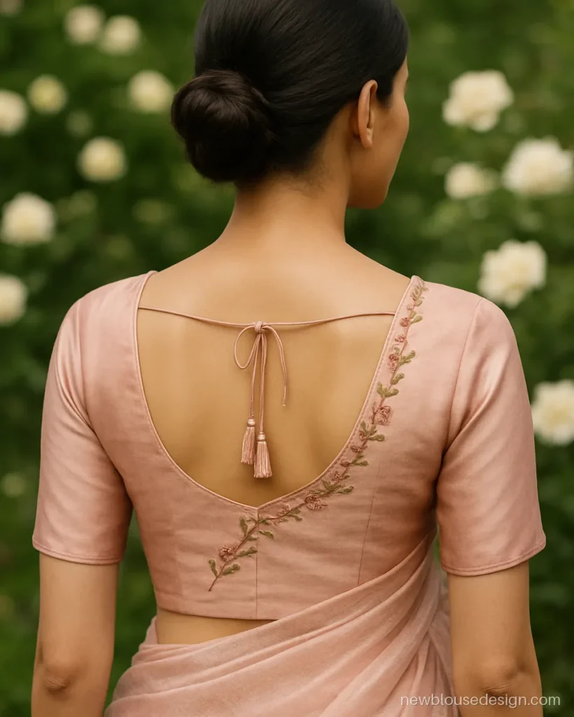 Blouse back flower design with a rose vine following a U neck in blush silk