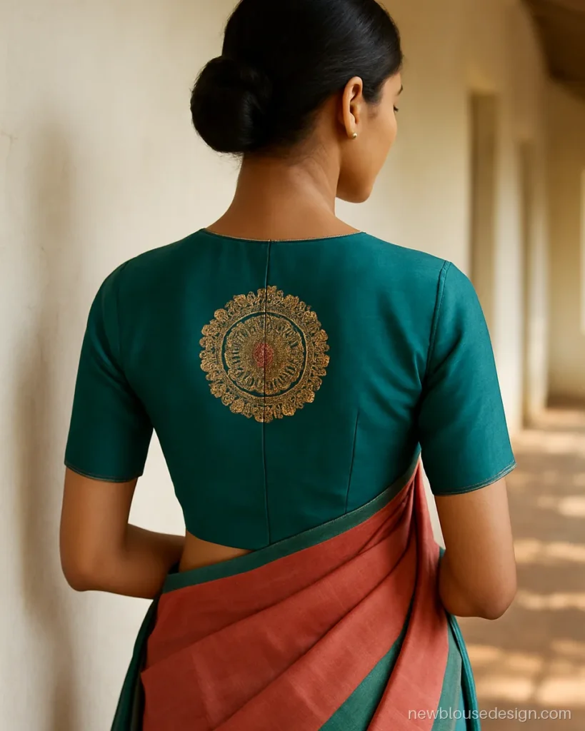 Teal blouse with a mandala design sari blouse embroidery in the centre of a high back