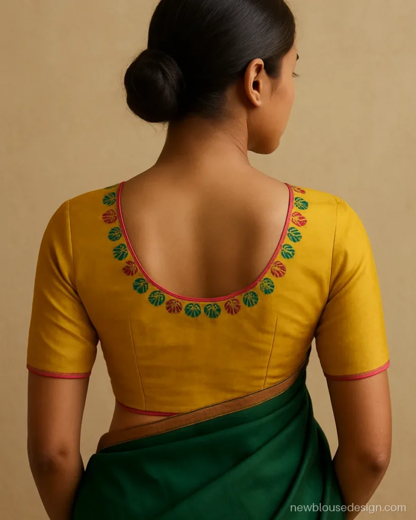 Thread work blouse design back in mustard silk with multicolour paisleys around the neck