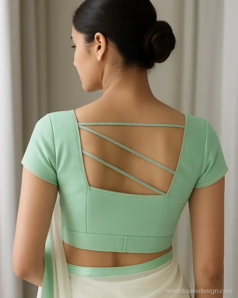 Mint crepe blouse with open square back crossed by three thin silver edged strips