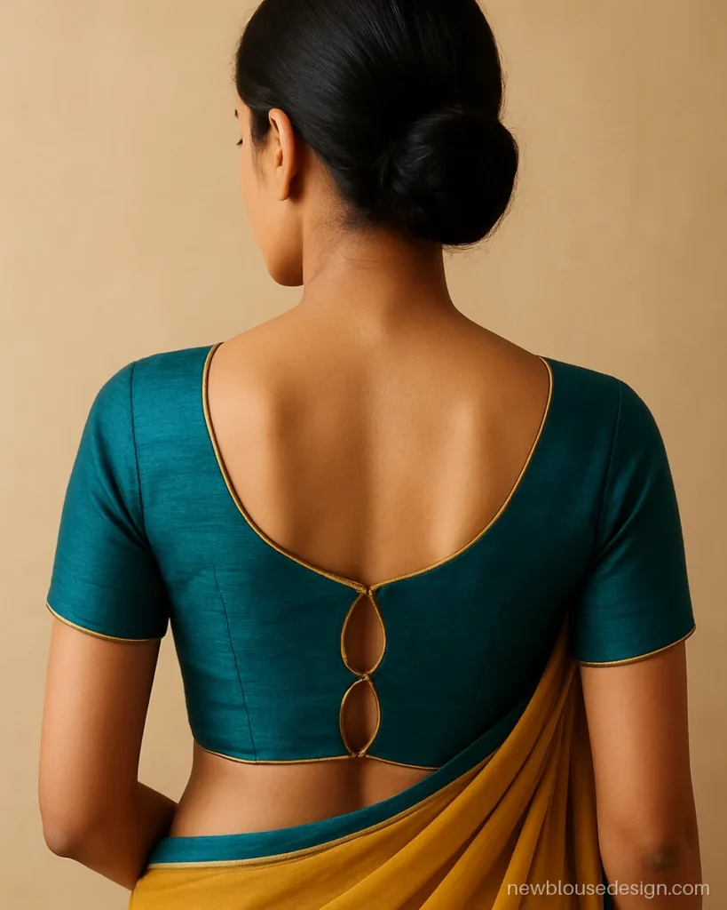 Fancy blouse back design in teal raw silk with two stacked keyholes and gold piping
