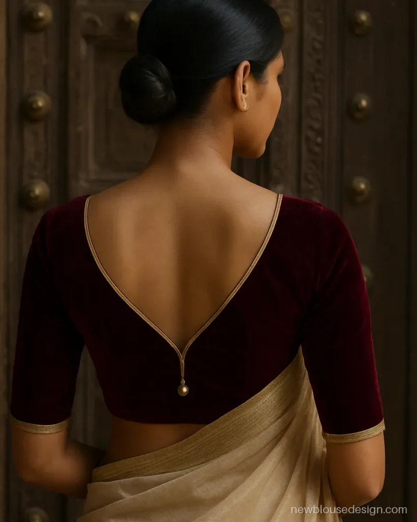 Wine velvet blouse with paan shaped back neck, zari outline and potli button tip