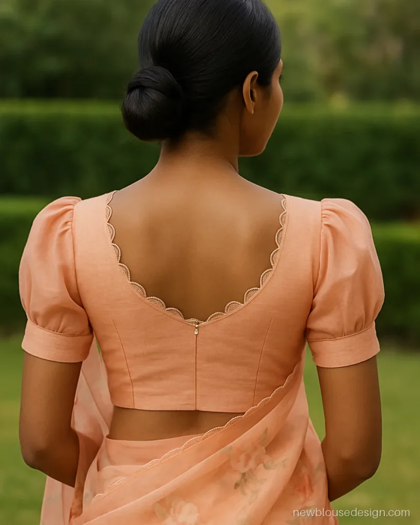 Peach organza blouse with scalloped U back edge and a pearl drop on each scallop