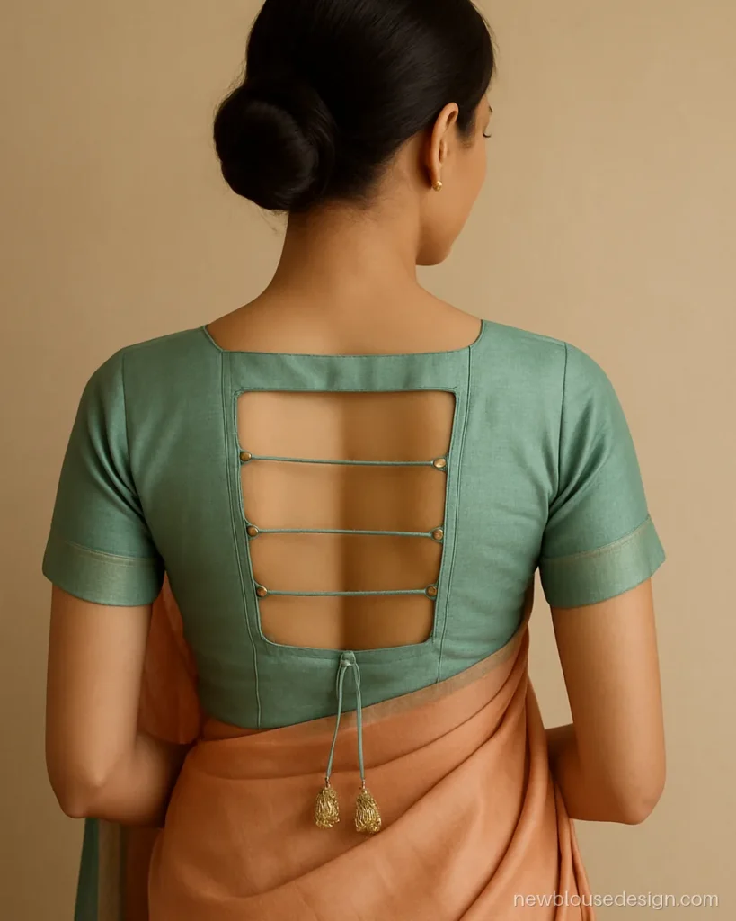 Sea green silk blouse with ladder back of four dori loops through metal eyelets