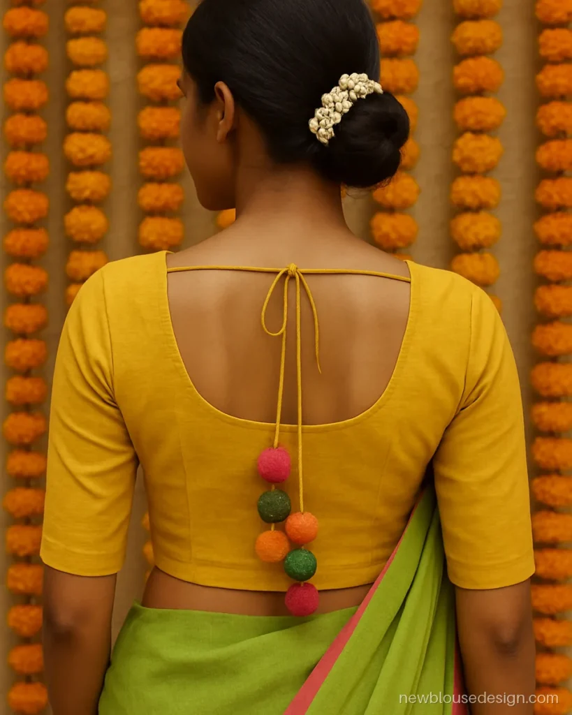 Haldi yellow cotton blouse with round back neck and colourful pom pom dori