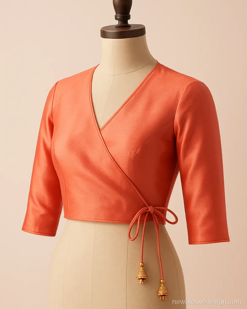 Coral silk blouse with angrakha style overlap front and a side tie dori