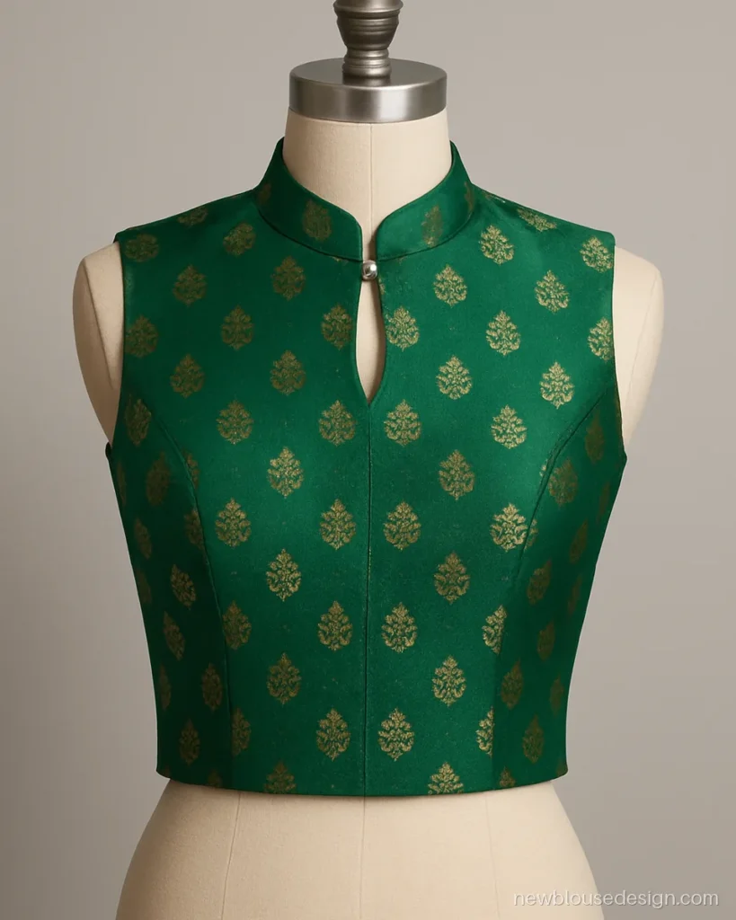 Emerald brocade sleeveless blouse with mandarin collar high neck and small front keyhole