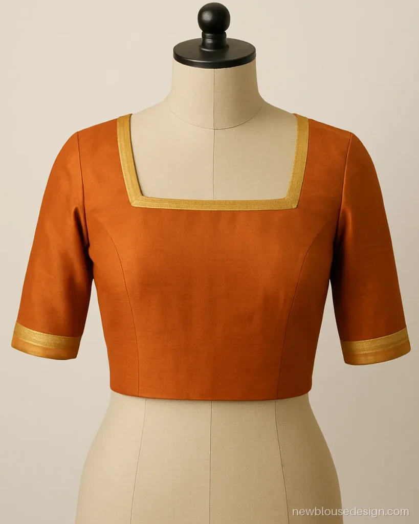 Rust cotton silk blouse front with square neck and gold gota trim