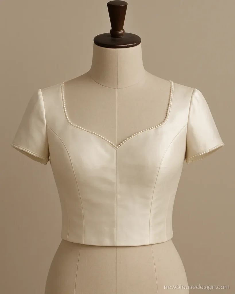 Ivory silk blouse front with a sweetheart neckline edged in tiny pearls
