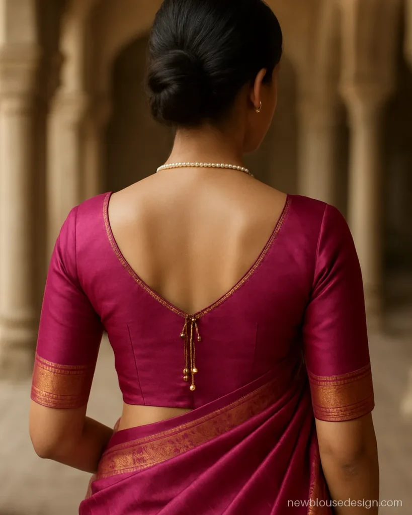 Magenta silk blouse with V back, a crossing bead strand and long bead latkans