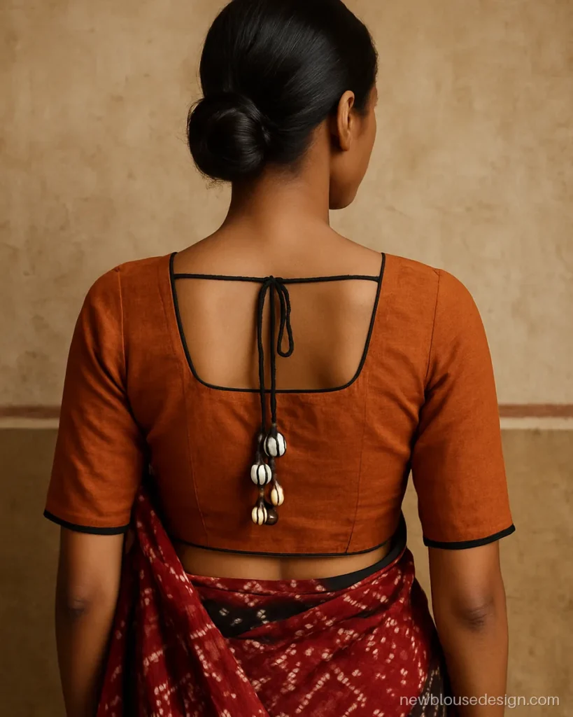 Orange khadi blouse with small square back and cowrie shell latkans on dori
