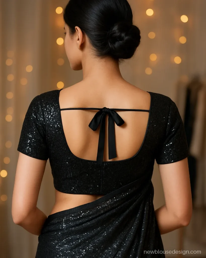 Black sequin net blouse with wide boat back, single band and satin bow