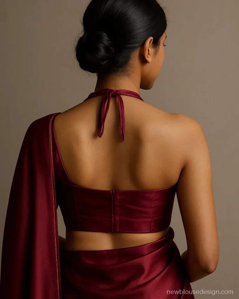 Wine satin halter neck blouse with a broad back band at mid back