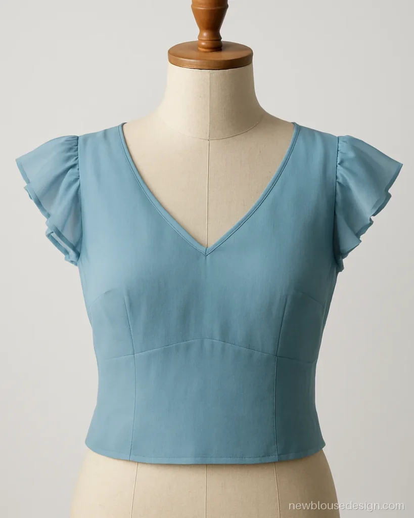 Sky blue chiffon blouse with ruffled cap sleeves and soft V front neck