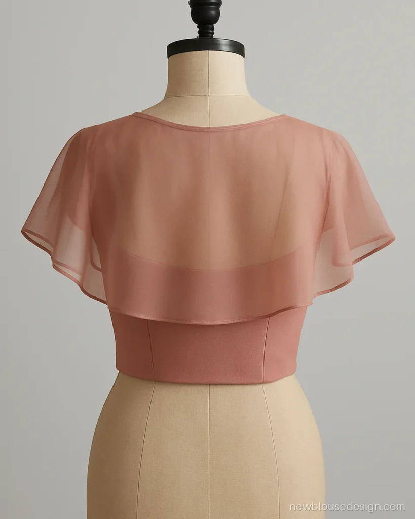 Dusty rose georgette blouse back with a short sheer organza cape from the shoulders