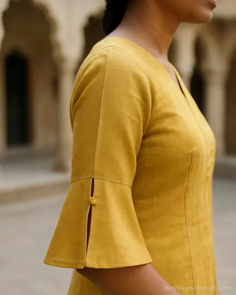 Mustard chanderi blouse with bell sleeves and a small open slit at the elbow