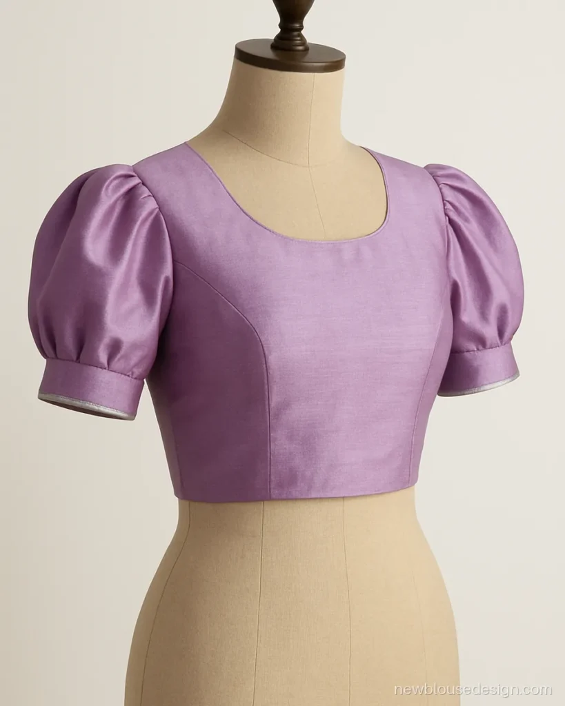 Lavender silk blouse with short pleated puff sleeves and a thin silver band