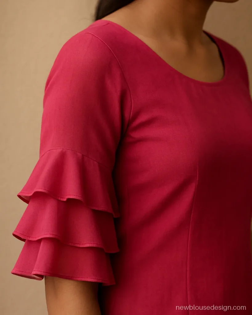 Rani pink georgette blouse with elbow sleeves finished in three layered frills