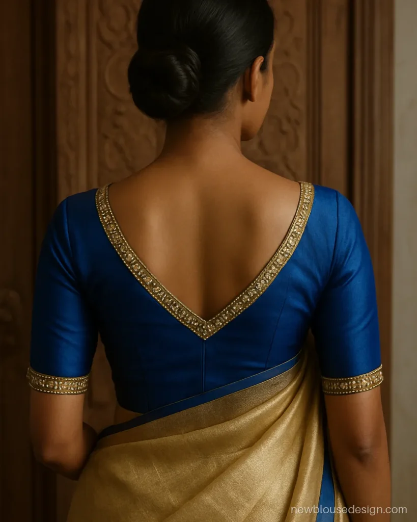 Royal blue silk blouse with V back neck framed by kundan stone border