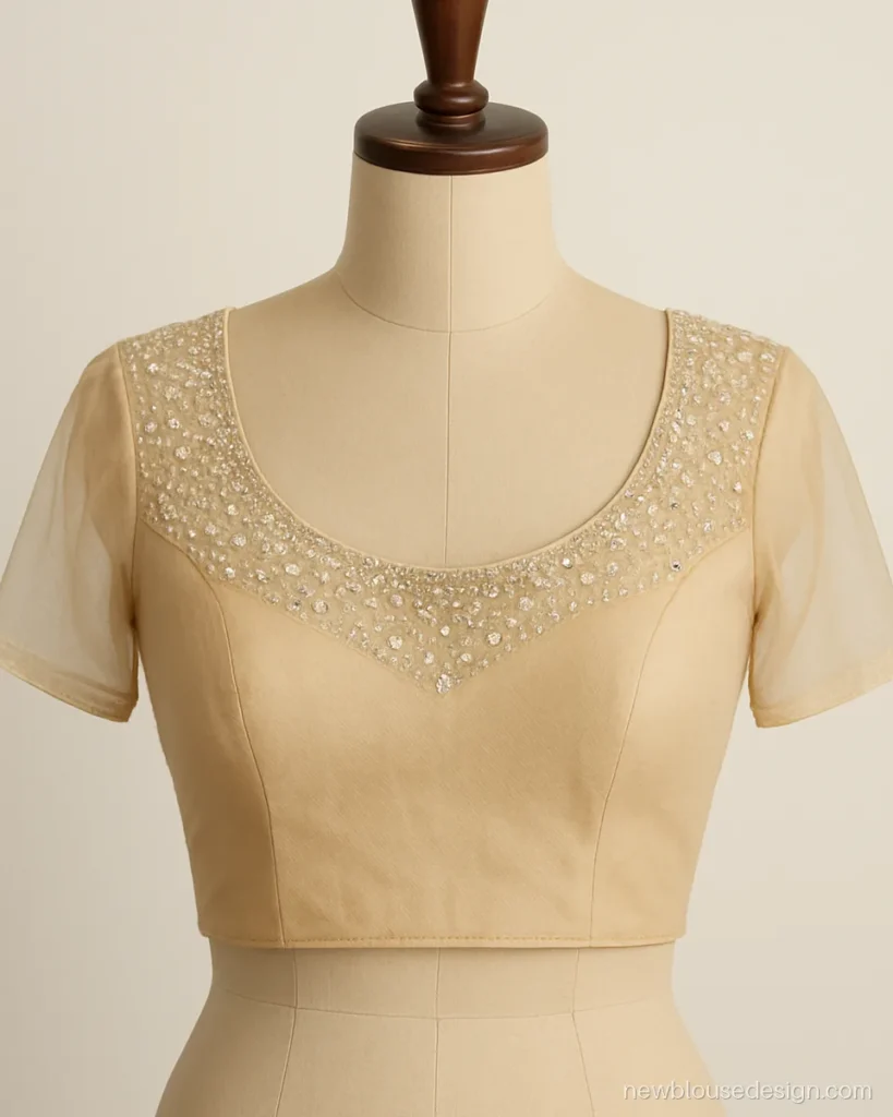 Champagne net blouse front with deep round neck and crystal stone yoke