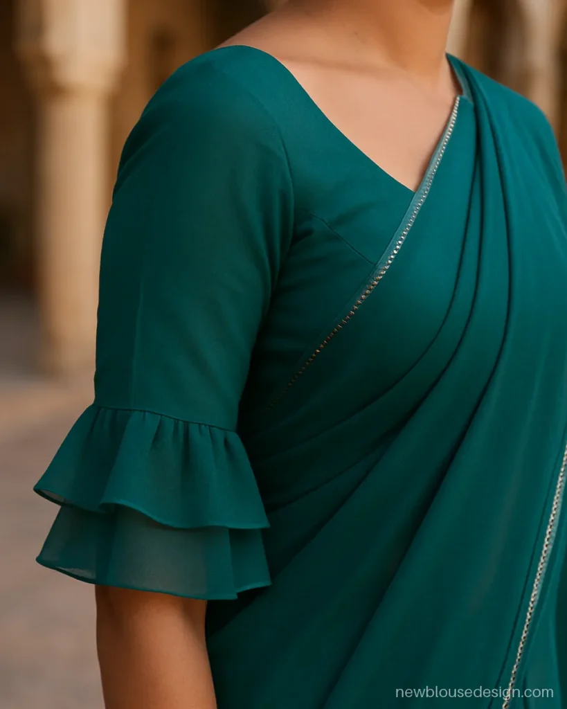 Double frill blouse design in teal georgette with two stacked frills at the elbow