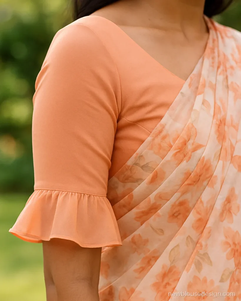 Frill sleeves blouse design in peach georgette with a single soft frill at the elbow