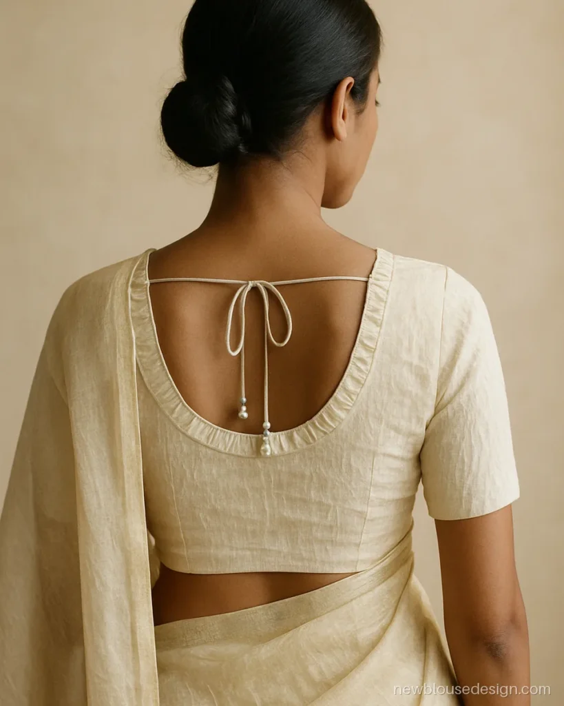 Lacha blouse design back side in ivory crush fabric with frills around a round back