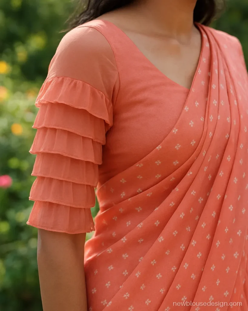 Latest frill blouse design with an elbow lacha sleeve in coral chiffon