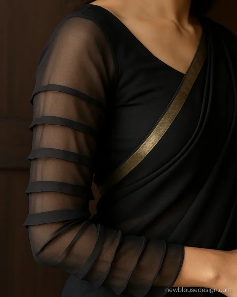 Lacha blouse design in black georgette with thin frills running down full sleeves