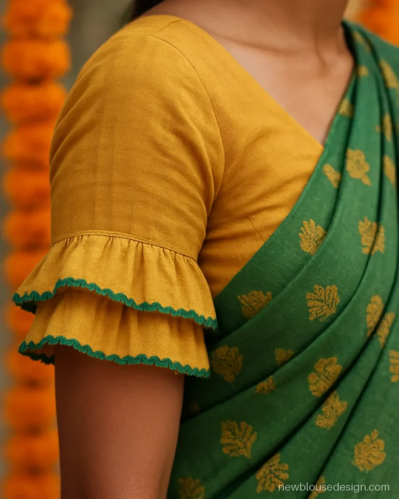 Layered frill blouse design in mustard mul cotton with ric rac trim on each layer