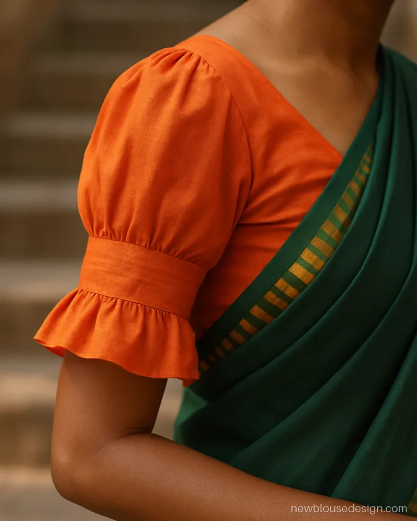 Frill with puff blouse design in orange cotton silk with a short puff and frill hem