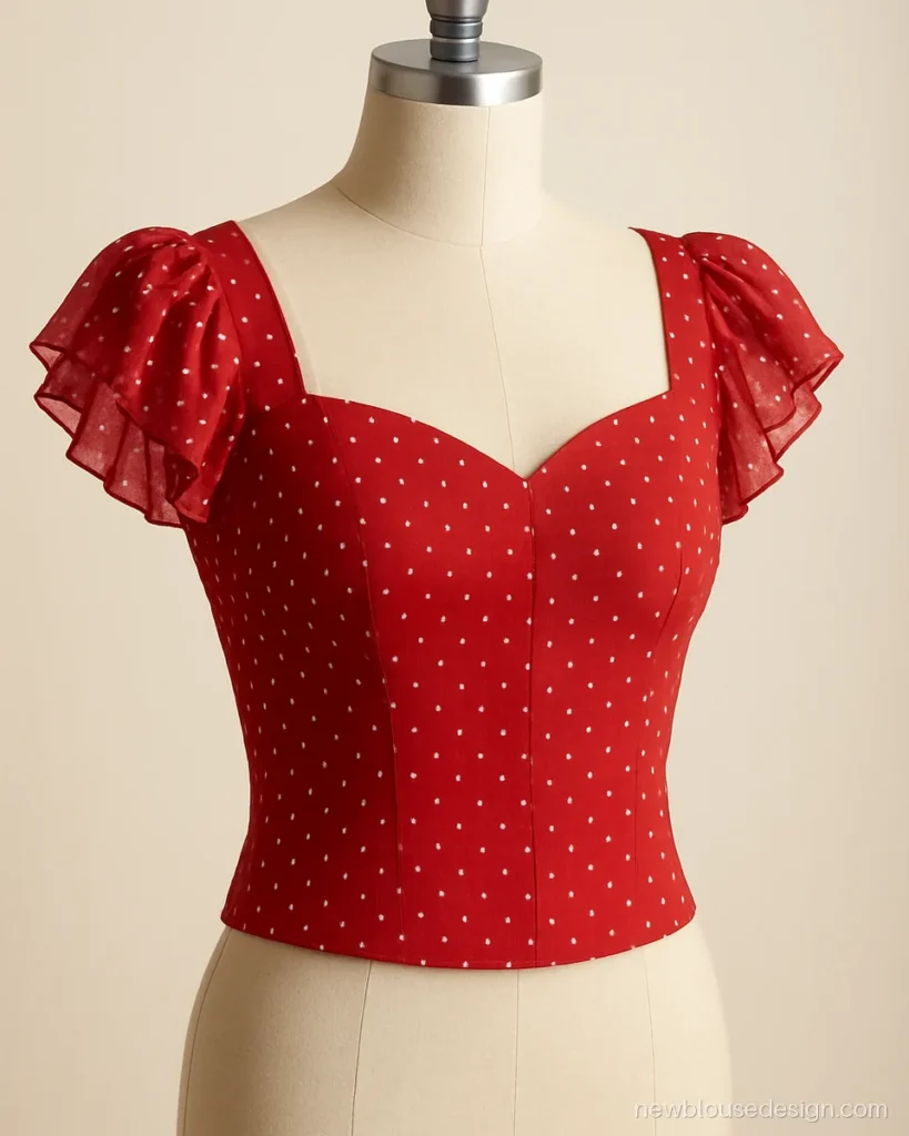 Ruffle sleeves frill blouse design in red chiffon with polka dots and cap length