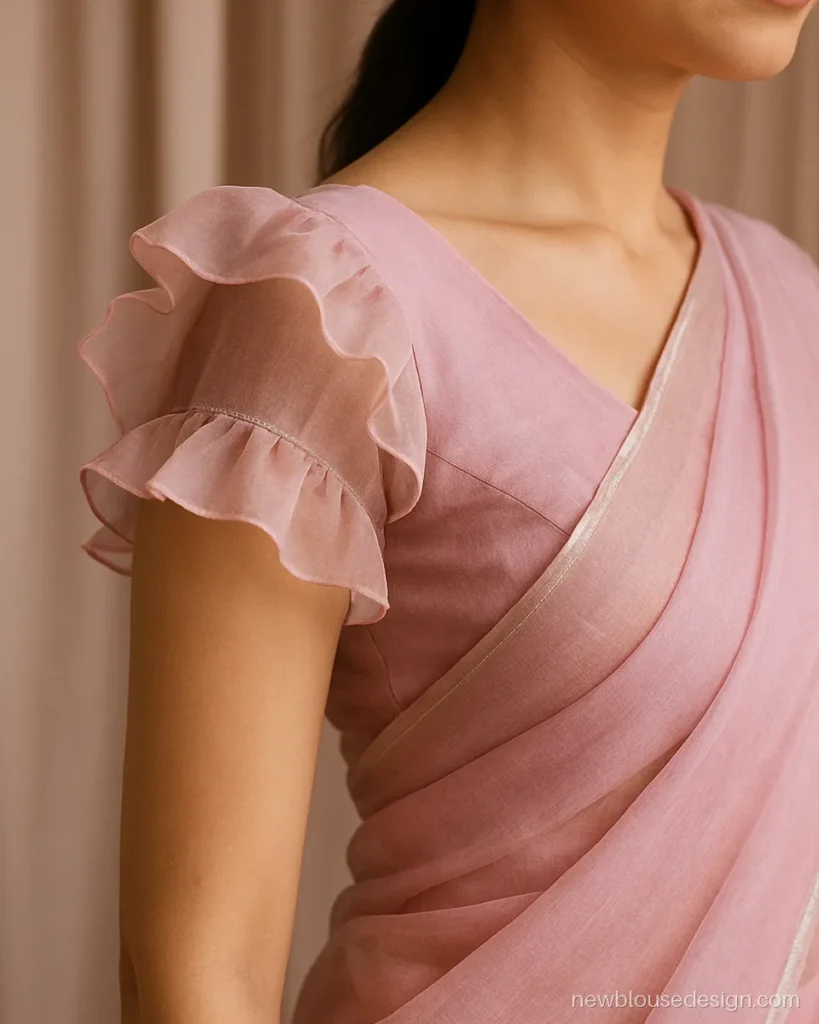 Pink ruffle sleeves blouse design in baby pink organza with gathered layers at the shoulder