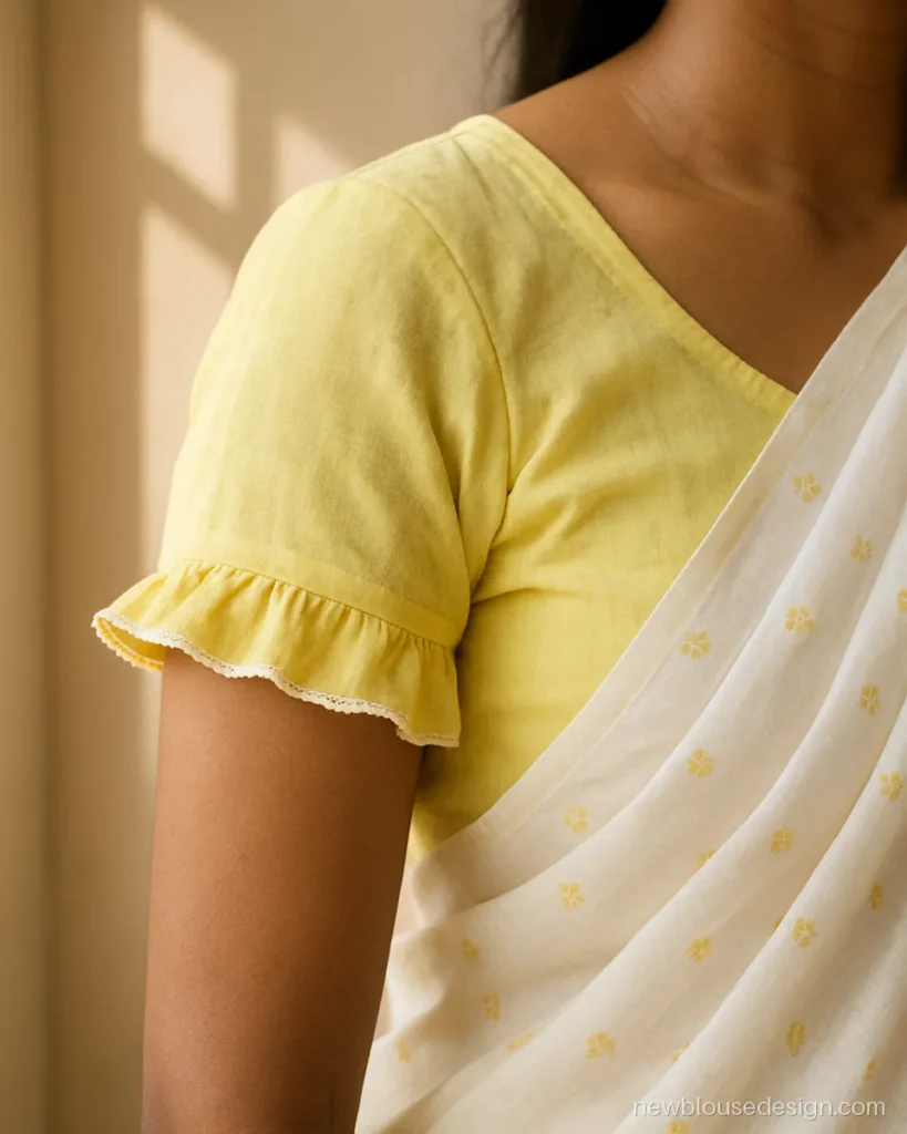 Short frill blouse design in lemon yellow cotton with a white lace trimmed frill