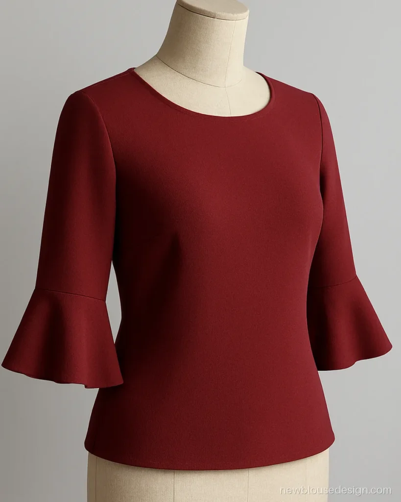 Frill sleeve blouse design in wine crepe with a three quarter sleeve and wide frill