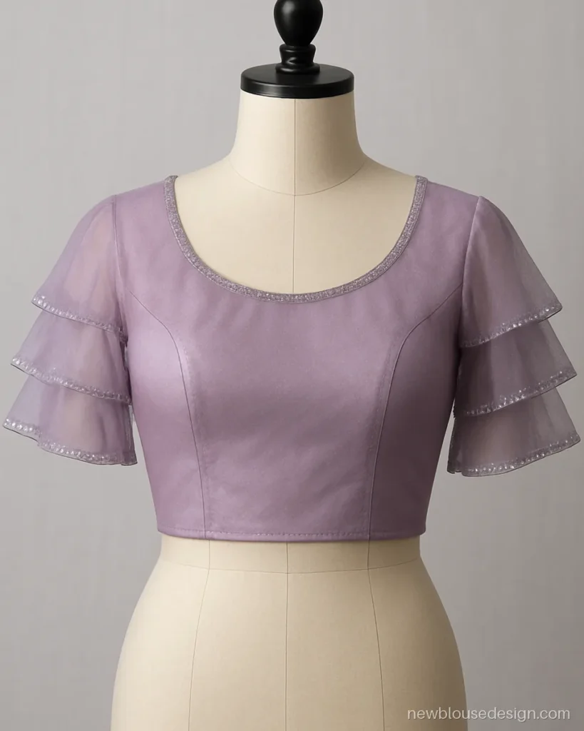 Layered blouse design in lilac net with three tiered frills and a sequin edge