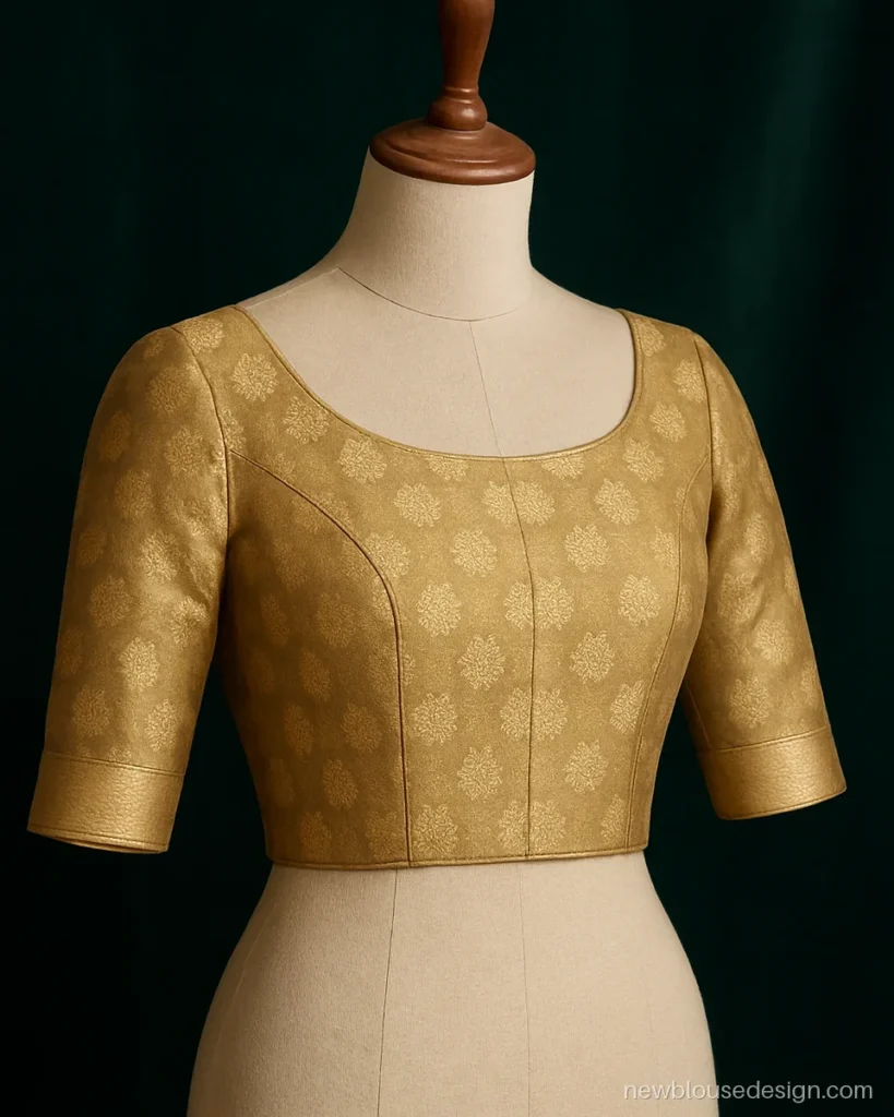 Front blouse neck design in gold Banarasi brocade with princess cut seams and a boat neck